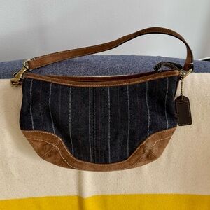 Vintage 90s/early 00s Coach Small Suede and Striped Blue Denim Shoulder Bag